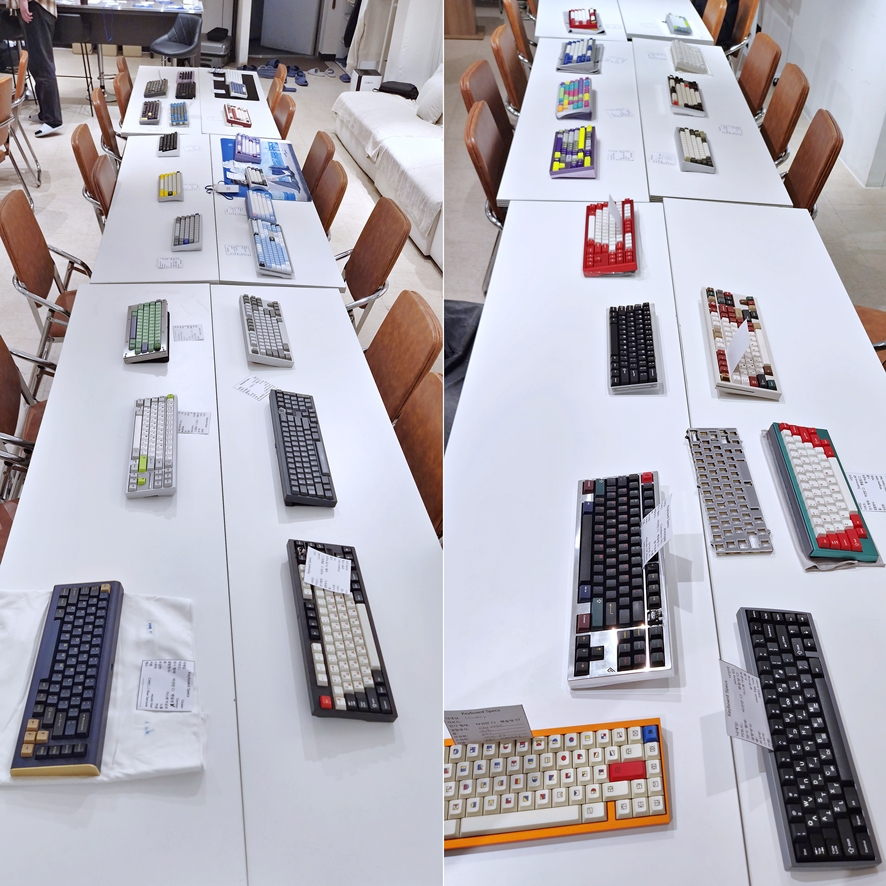 Custom keyboards with spec cards displayed on meetup tables