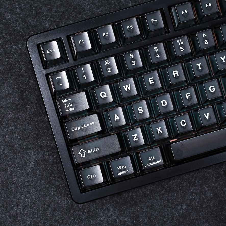 Close-up of translucent black keycaps with RGB lighting