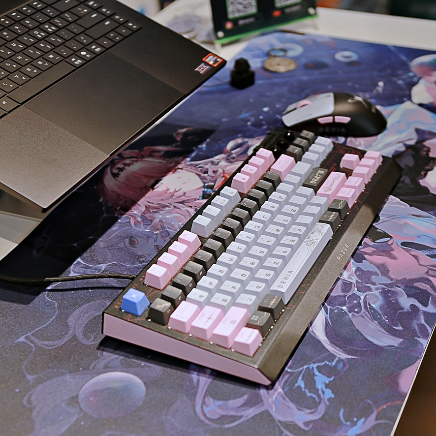 Pink and gray themed collaborative mechanical keyboard