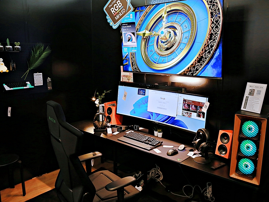 Close-up of desk accessories and tech products