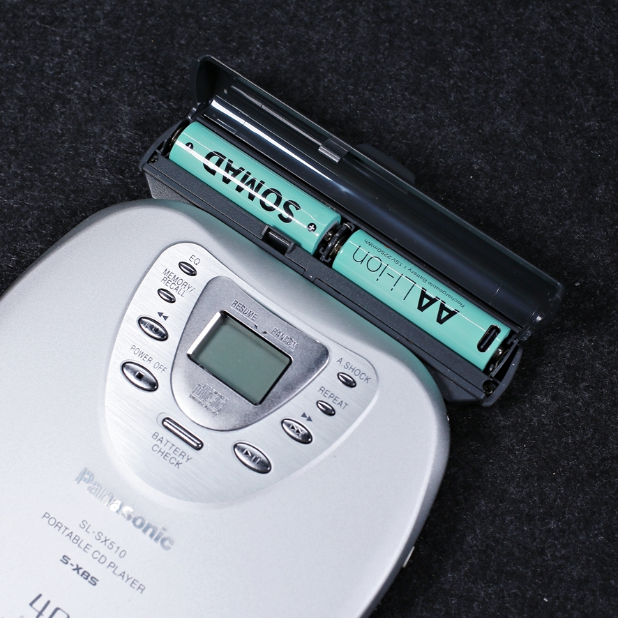 Batteries installed in a portable CD player