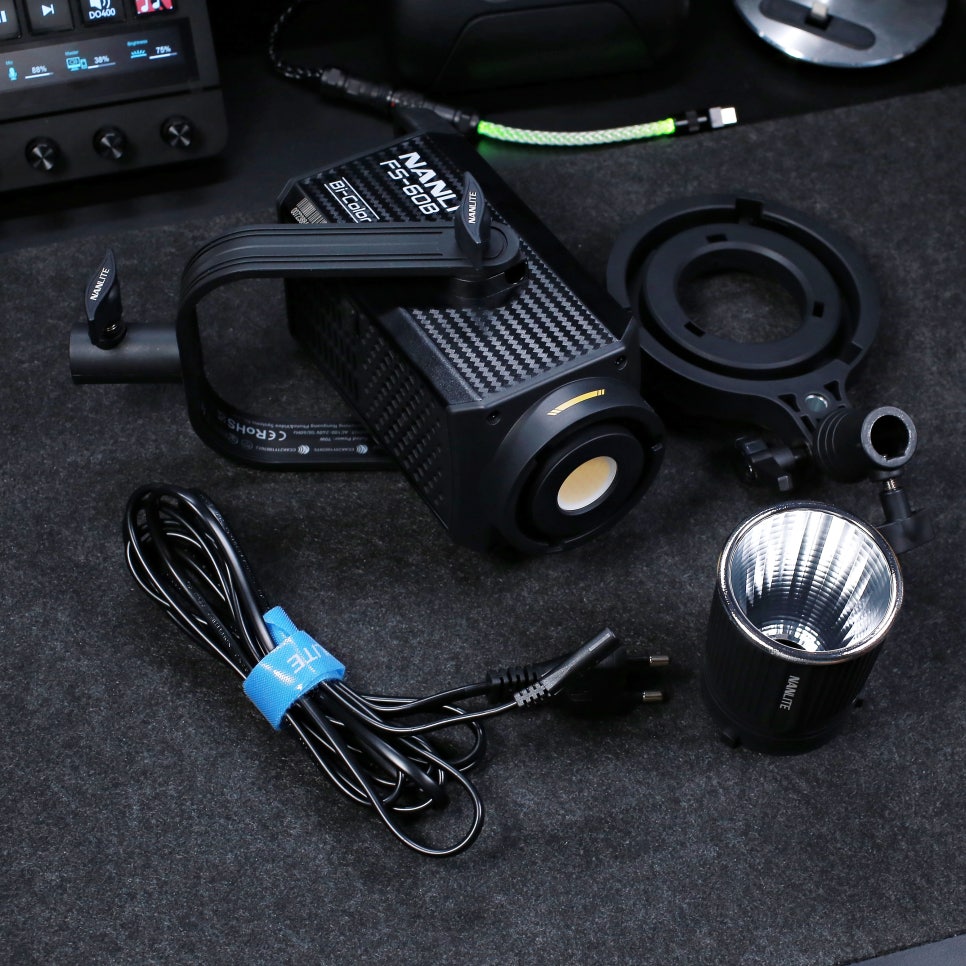 Nanlite FS-60B light illuminating a desk keyboard setup