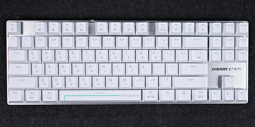 Front view of the silver and white TKL keyboard